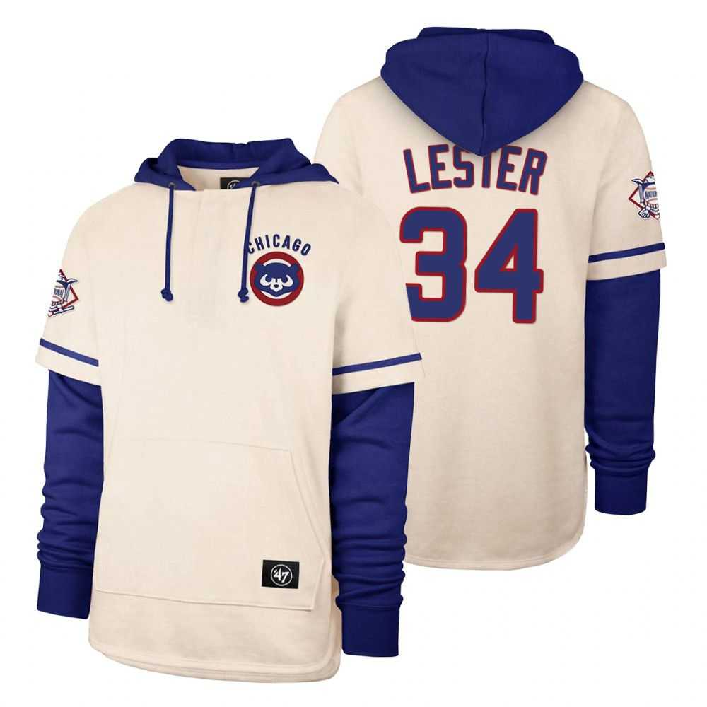 Men Chicago Cubs 34 Lester Cream 2021 Pullover Hoodie MLB Jersey